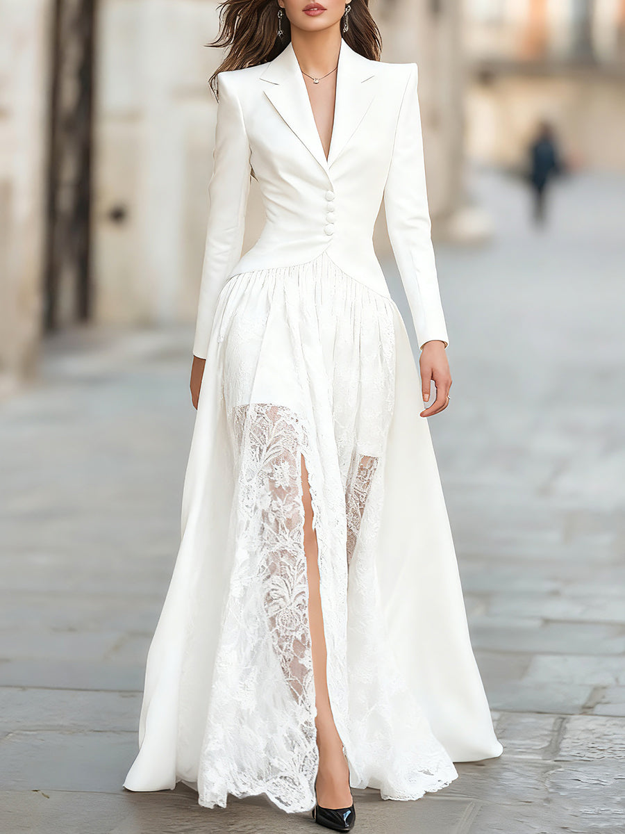Elegant Tailored Blazer Gown Set with Lace Overlay & Thigh-High Slit for Sophisticated Style