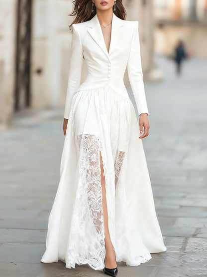 Elegant Tailored Blazer Gown Set with Lace Overlay & Thigh-High Slit for Sophisticated Style