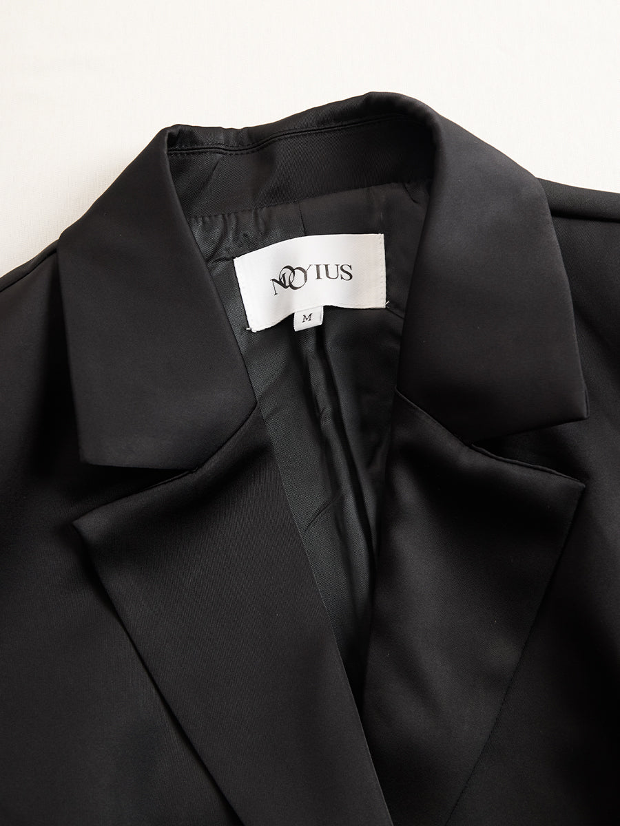Elegant Tailored Blazer Gown Set with Lace Overlay & Thigh-High Slit for Sophisticated Style