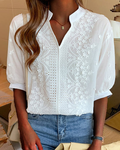 Elegant V-Neck Women's Blouse with Puff Sleeves | Versatile Summer Top for Effortless Style
