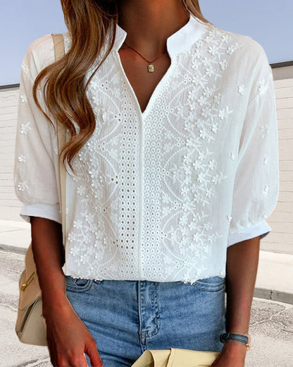 Elegant V-Neck Women's Blouse with Puff Sleeves | Versatile Summer Top for Effortless Style