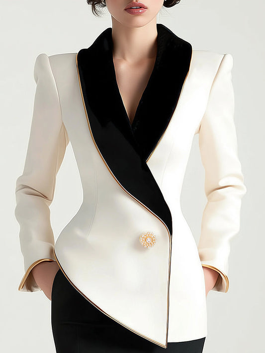 Elegant White Blazer with Asymmetrical Design & Black Lapels | Sophisticated Style for Formal Occasions