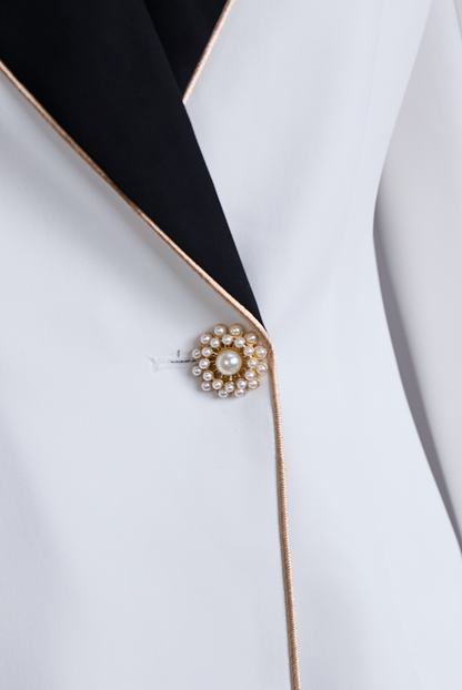 Elegant White Blazer with Asymmetrical Design & Black Lapels | Sophisticated Style for Formal Occasions