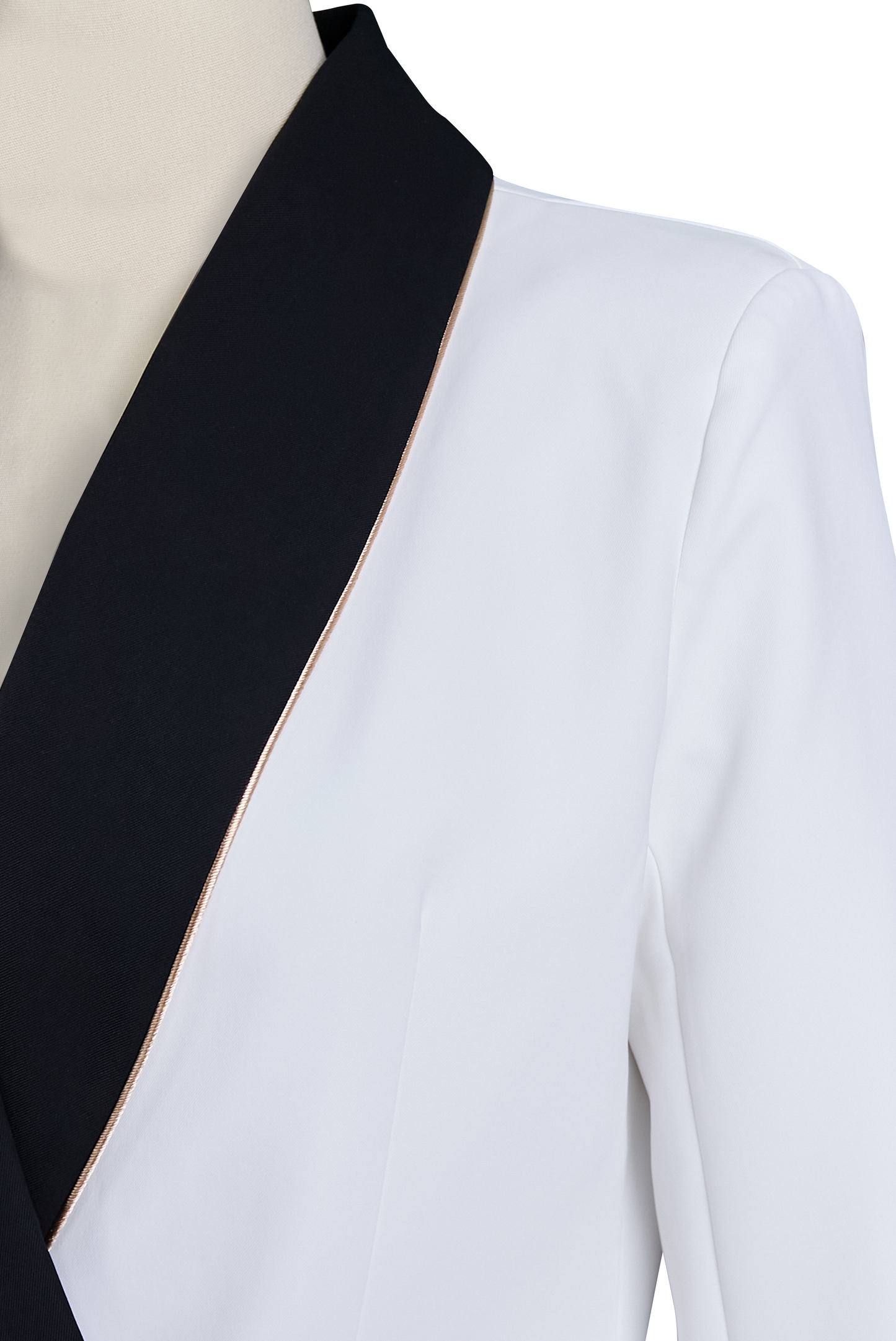 Elegant White Blazer with Asymmetrical Design & Black Lapels | Sophisticated Style for Formal Occasions
