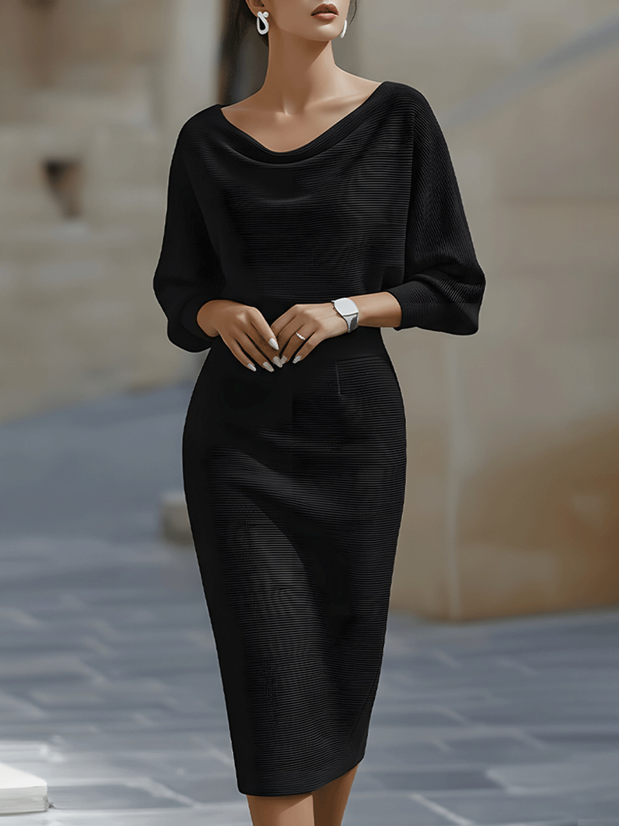 Elegant White Midi Dress | Draped Cowl Neckline & Batwing Sleeves | Sophisticated Formal Wear for Wedding Guests and Cocktail Events