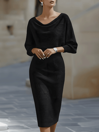 Elegant White Midi Dress | Draped Cowl Neckline & Batwing Sleeves | Sophisticated Formal Wear for Wedding Guests and Cocktail Events