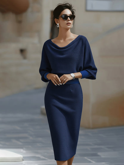 Elegant White Midi Dress | Draped Cowl Neckline & Batwing Sleeves | Sophisticated Formal Wear for Wedding Guests and Cocktail Events
