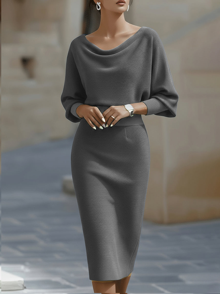 Elegant White Midi Dress | Draped Cowl Neckline & Batwing Sleeves | Sophisticated Formal Wear for Wedding Guests and Cocktail Events