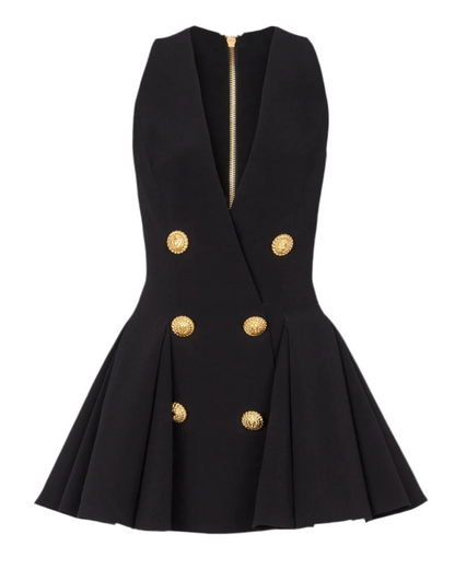 Elegant Women's Black Cocktail Dress with Gold Button Accents for Chic Style