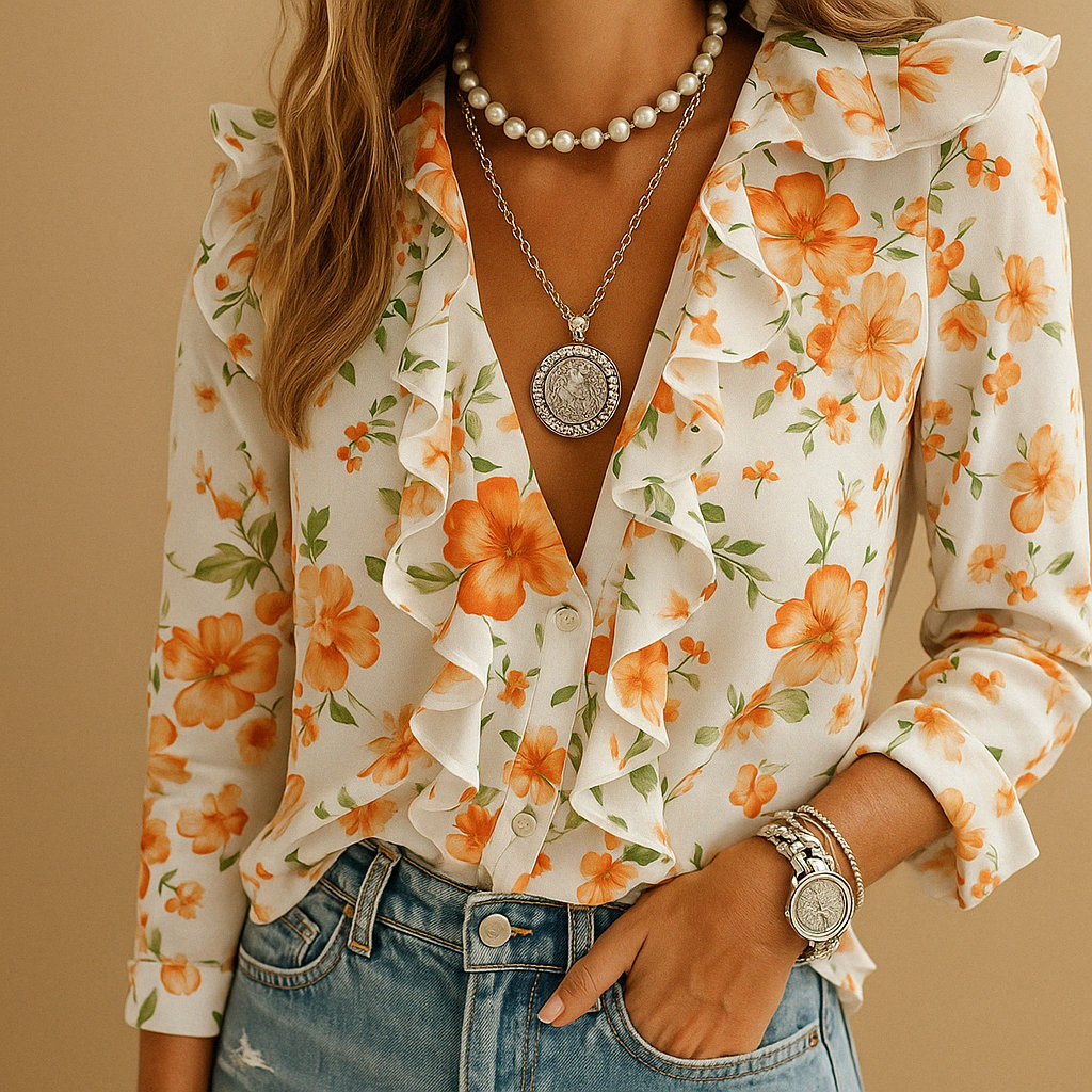 Elegant Women's Blouse with Ruffles & Butterfly Print | Versatile Long Sleeve Top for Any Occasion