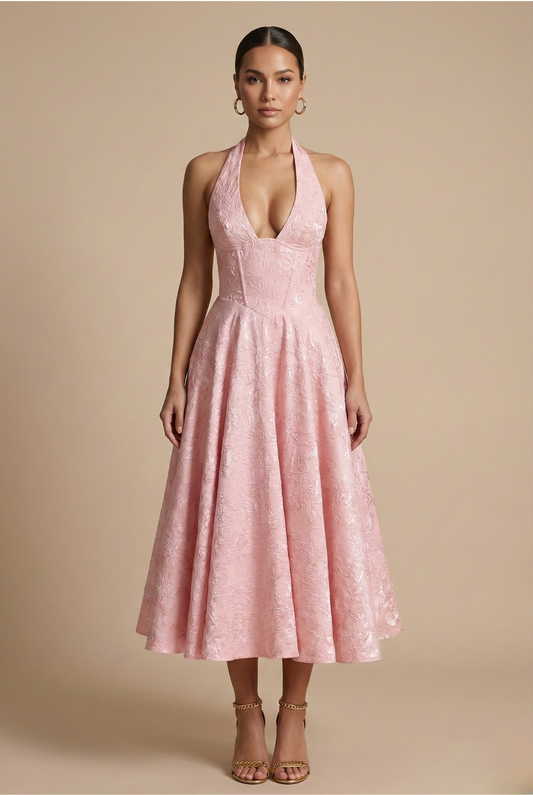 Elegant Women's Cocktail Dress with Halter Neck & Flared Skirt | Perfect for Formal Events