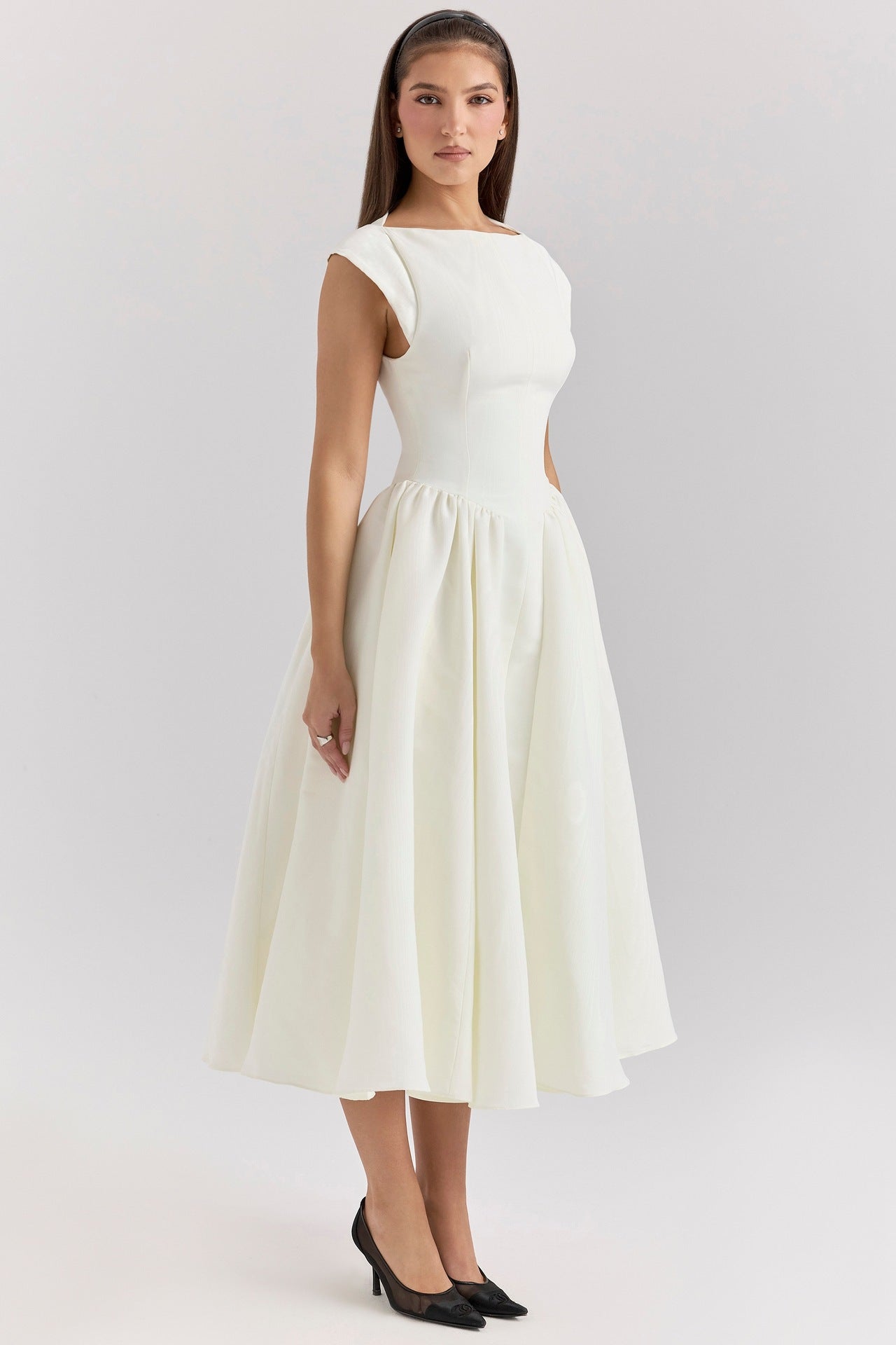 Elegant Women's Dress | Fit-and-Flare Midi Design with Boat Neckline | Perfect for Formal Events