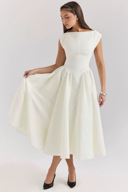 Elegant Women's Dress | Fit-and-Flare Midi Design with Boat Neckline | Perfect for Formal Events