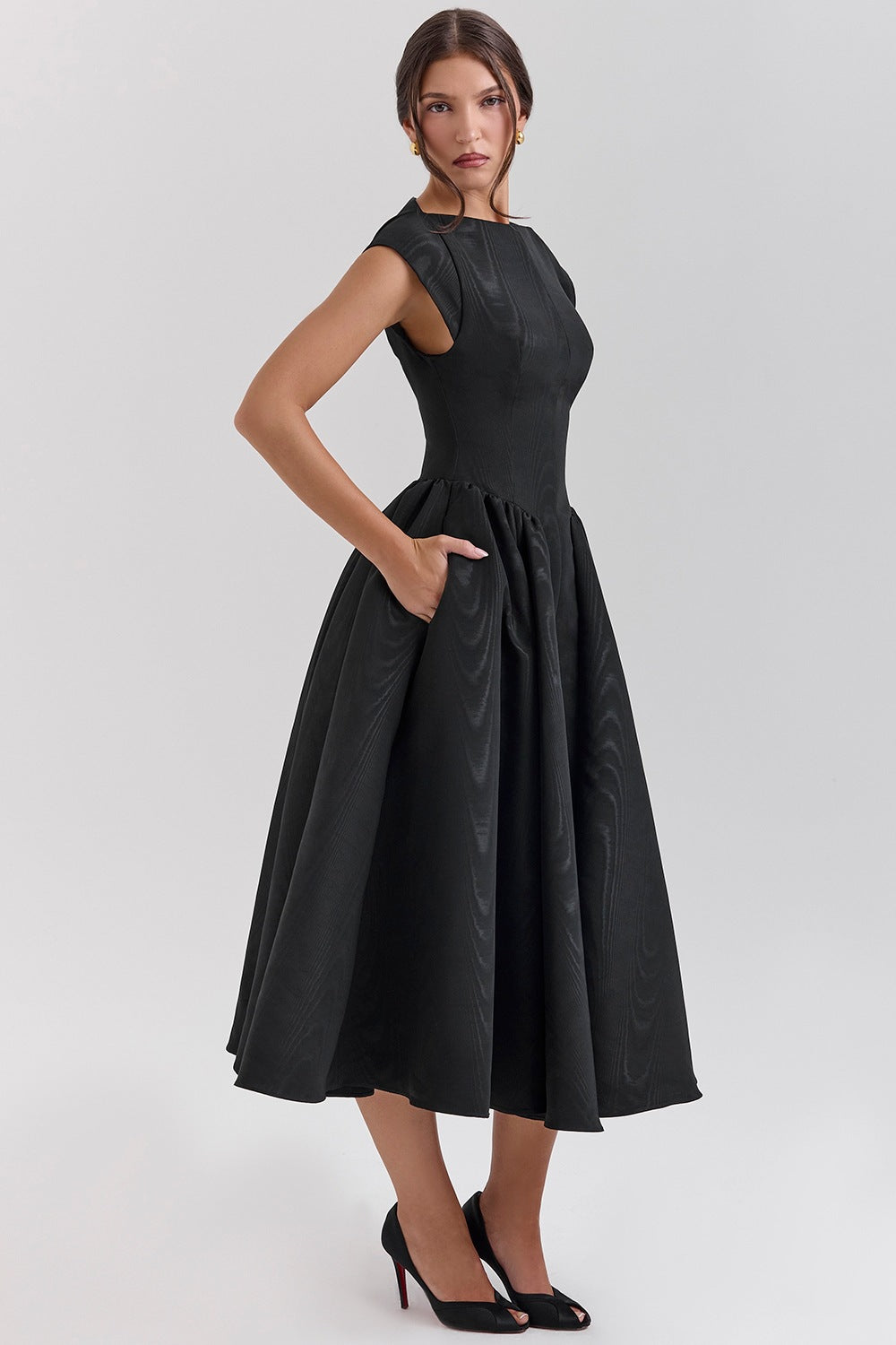 Elegant Women's Dress | Fit-and-Flare Midi Design with Boat Neckline | Perfect for Formal Events