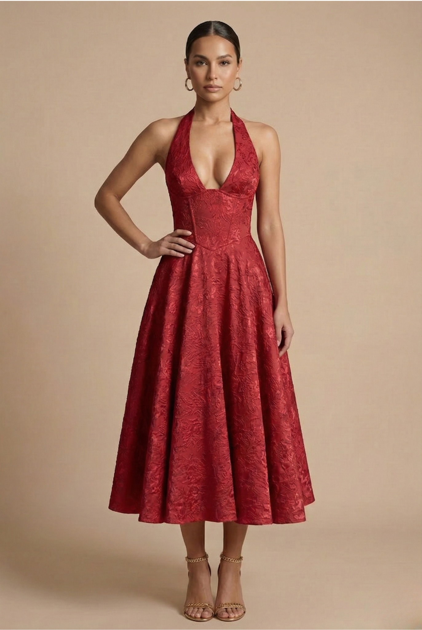 Elegant Women's Dress | Halter Neck Midi with Flared Skirt | Ideal for Formal Events