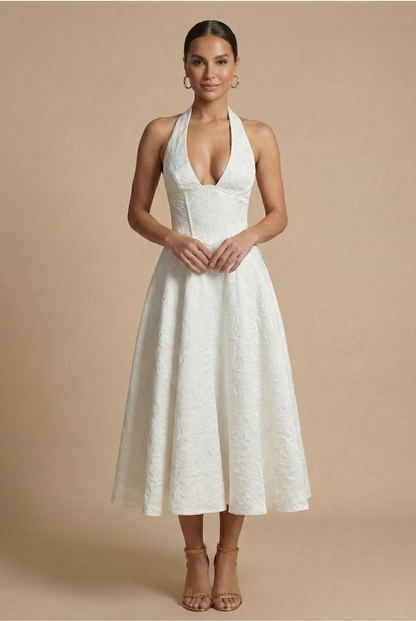 Elegant Women's Dress | Halter Neck Midi with Flared Skirt | Ideal for Formal Events