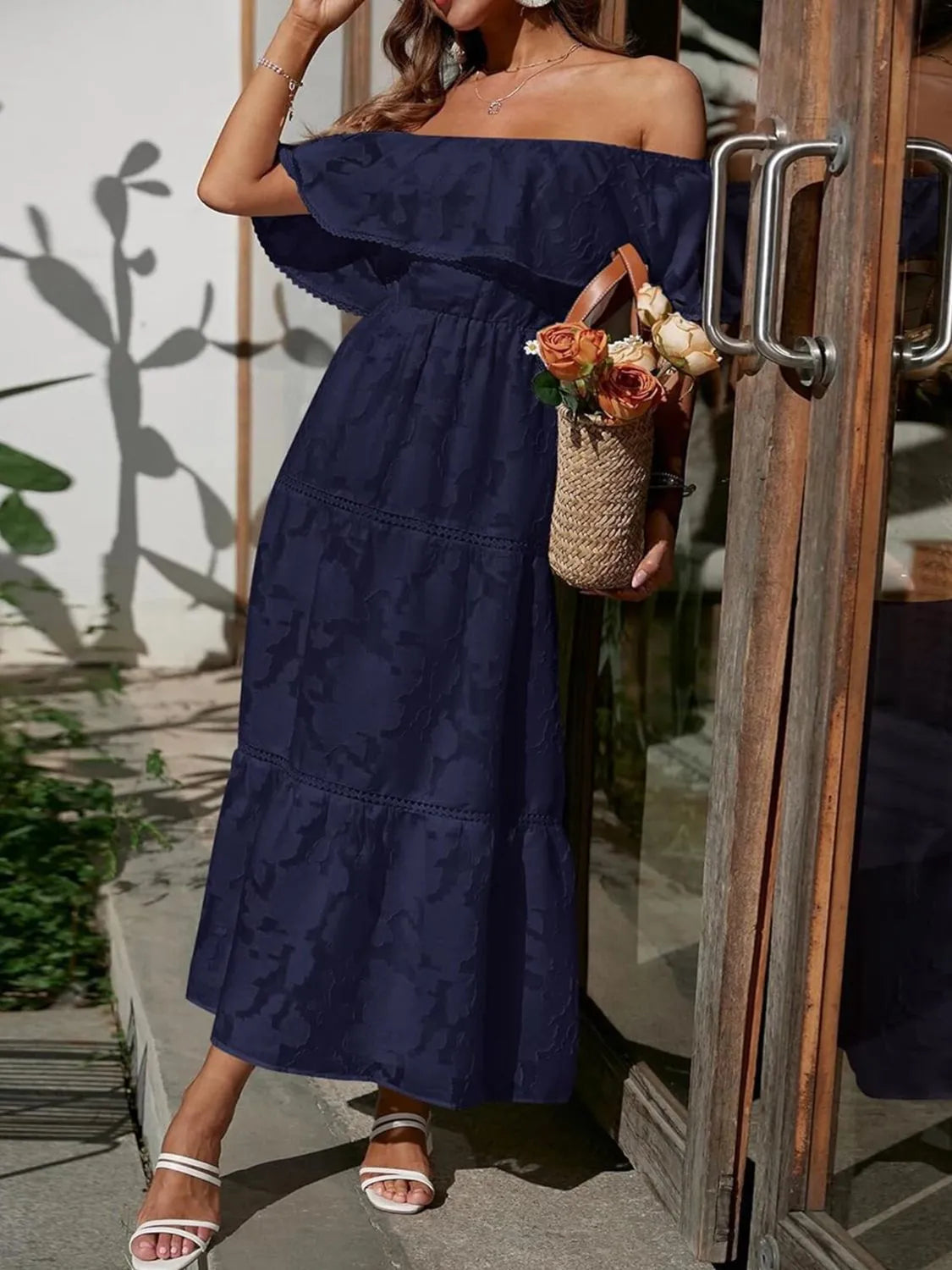 Elegant Women's Off Shoulder Maxi Dress with Tiered Layers for Summer Events