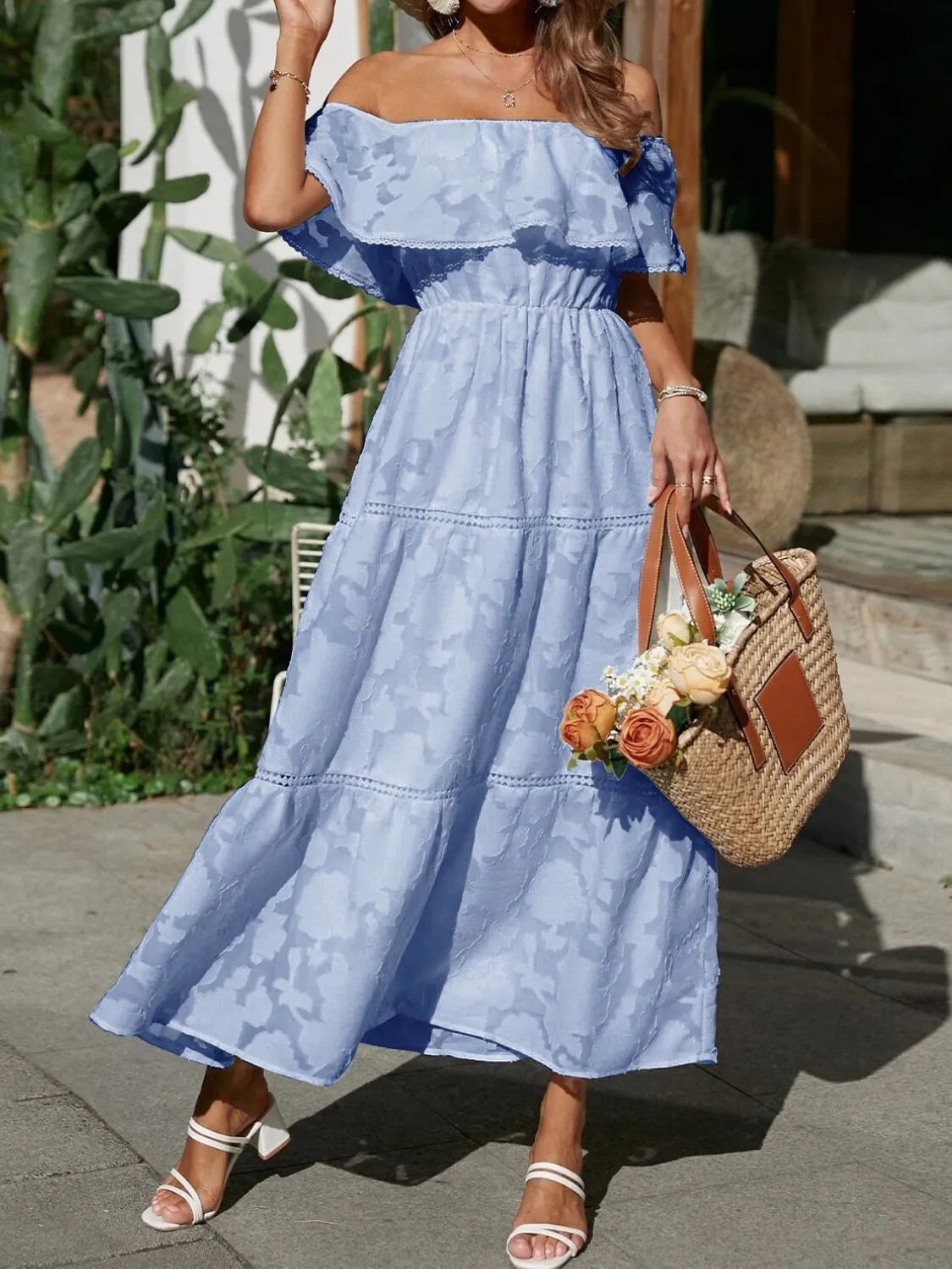 Elegant Women's Off Shoulder Maxi Dress with Tiered Layers for Summer Events