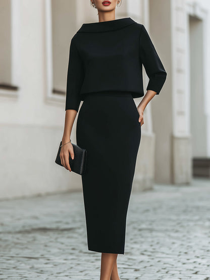 Elegant Women's Skirt Set with Boat Neck Top & Midi Skirt for Timeless Style