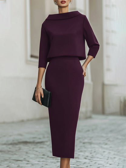 Elegant Women's Skirt Set with Boat Neck Top & Midi Skirt for Timeless Style