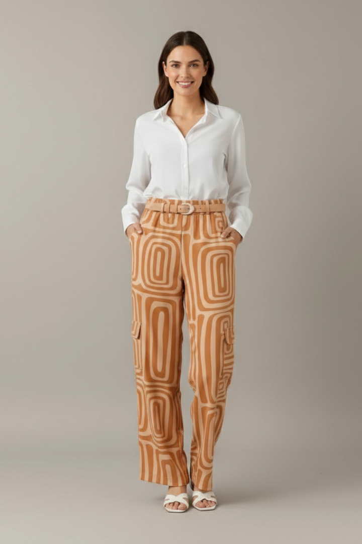 Elegant Women's Two Piece Set | Collared Blouse & Printed Trousers for Effortless Style