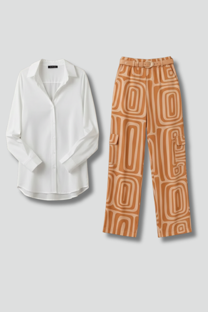 Elegant Women's Two Piece Set | Collared Blouse & Printed Trousers for Effortless Style