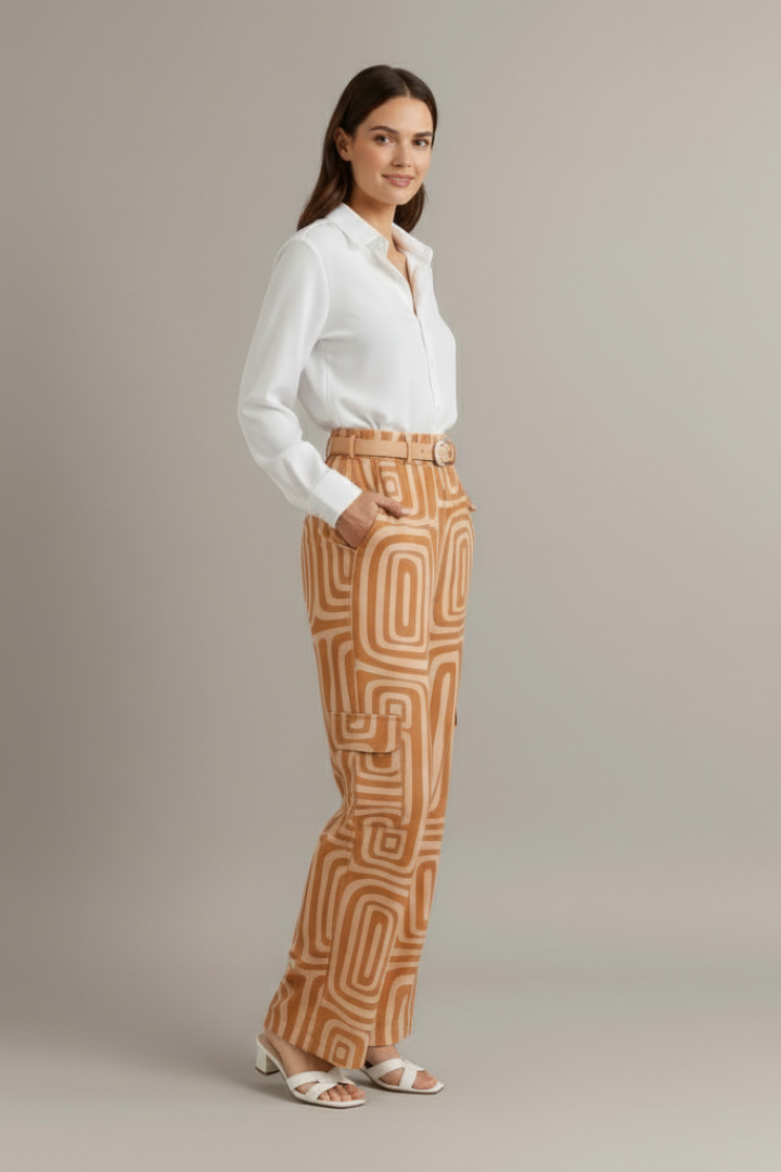 Elegant Women's Two Piece Set | Collared Blouse & Printed Trousers for Effortless Style