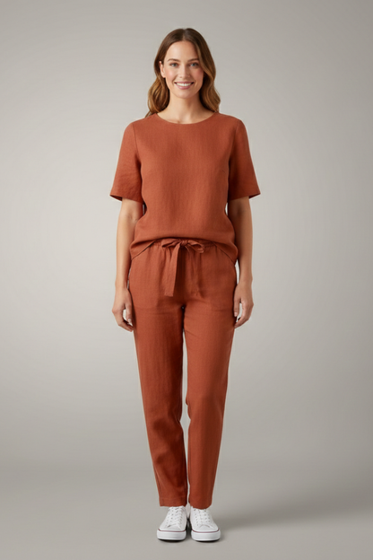 Elegant Women's Two Piece Set | Short Sleeve Top with Tapered Trousers for Effortless Style