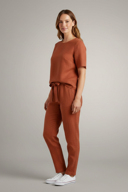Elegant Women's Two Piece Set | Short Sleeve Top with Tapered Trousers for Effortless Style