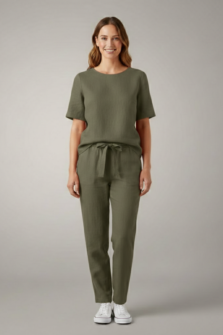Elegant Women's Two Piece Set | Short Sleeve Top with Tapered Trousers for Effortless Style