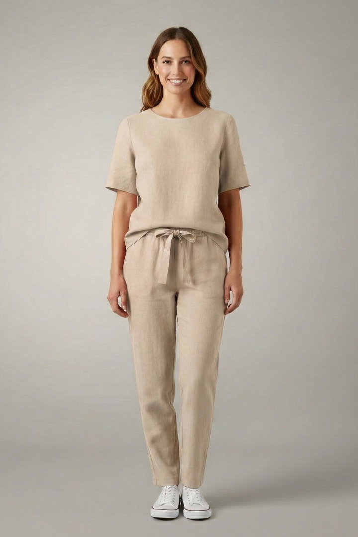 Elegant Women's Two Piece Set | Short Sleeve Top with Tapered Trousers for Effortless Style