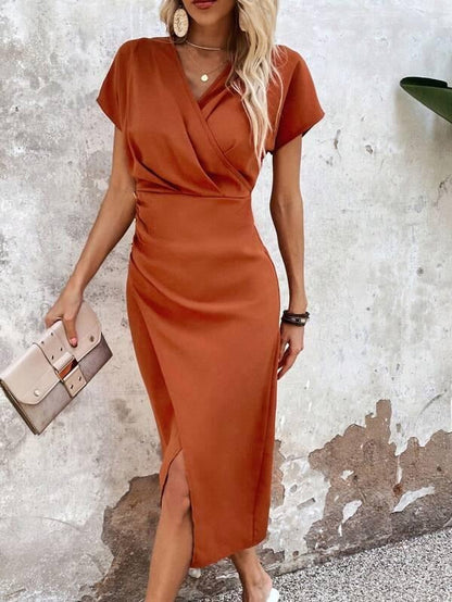 Elegant Wrap V Neck Midi Dress | Flattering Summer Dress for Weddings and Events