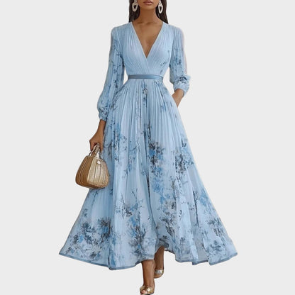 Elegant | Floral Maxi Dress with V-Neck & Ribbon Tie | Effortless Style for Women