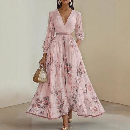 Elegant | Floral Maxi Dress with V-Neck & Ribbon Tie | Effortless Style for Women