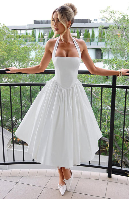 Elegant | Women's Cocktail Dress with Halter Neck Design | Flattering Midi Length for Wedding Guests
