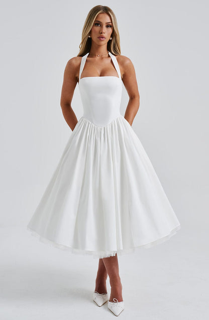Elegant | Women's Cocktail Dress with Halter Neck Design | Flattering Midi Length for Wedding Guests