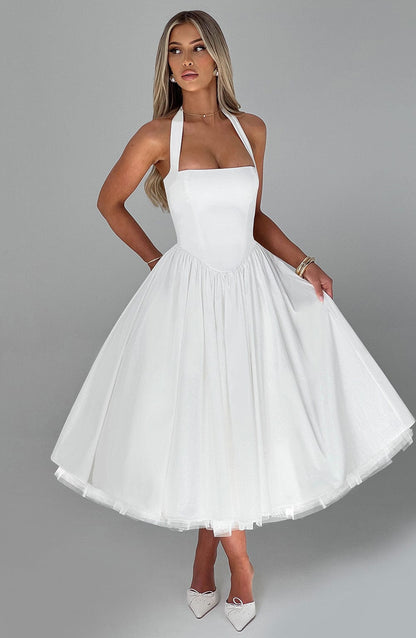 Elegant | Women's Cocktail Dress with Halter Neck Design | Flattering Midi Length for Wedding Guests