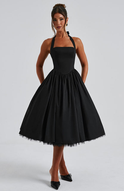 Elegant | Women's Cocktail Dress with Halter Neck Design | Flattering Midi Length for Wedding Guests