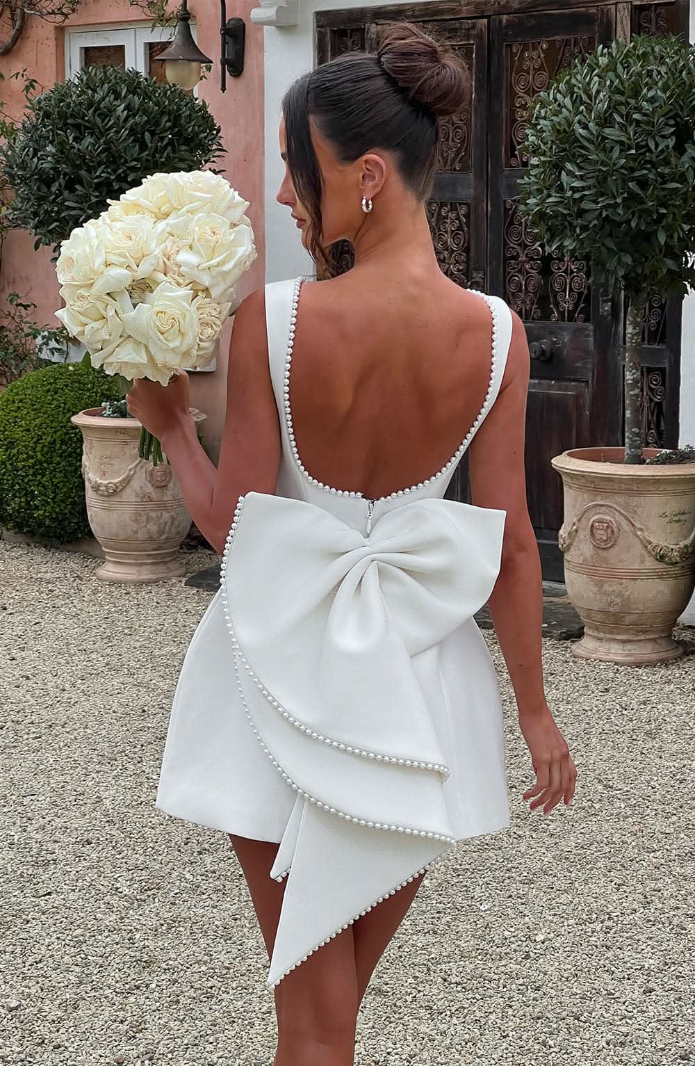 Elegant | Women's Dress with Pearl Trim & Oversized Bow | A-Line Mini for Special Occasions