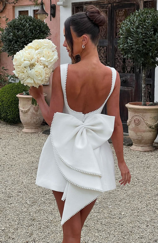 Elegant | Women's Dress with Pearl Trim & Oversized Bow | A-Line Mini for Special Occasions