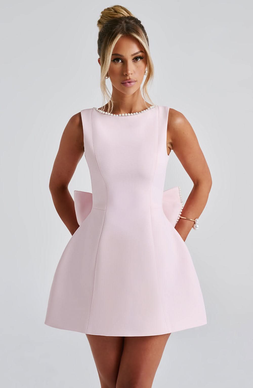 Elegant | Women's Dress with Pearl Trim & Oversized Bow | A-Line Mini for Special Occasions