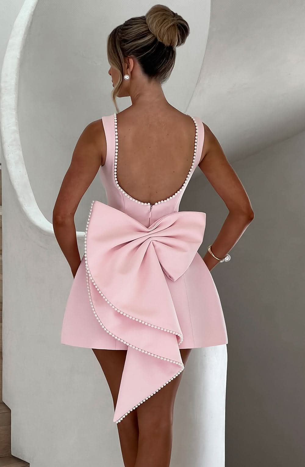 Elegant | Women's Dress with Pearl Trim & Oversized Bow | A-Line Mini for Special Occasions