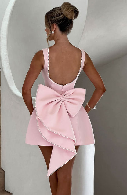 Elegant | Women's Dress with Pearl Trim & Oversized Bow | A-Line Mini for Special Occasions