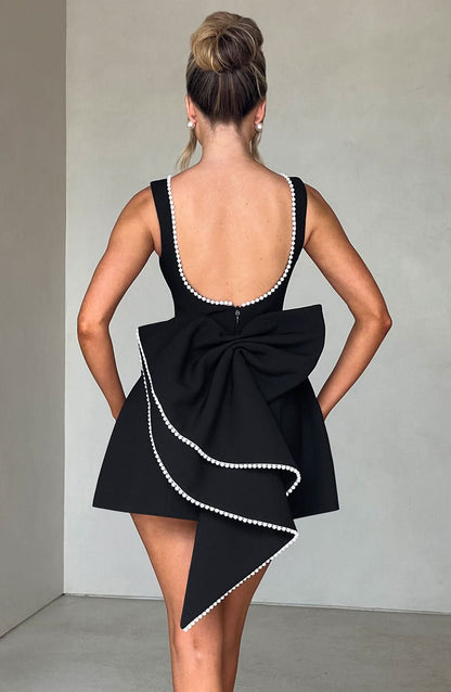 Elegant | Women's Dress with Pearl Trim & Oversized Bow | A-Line Mini for Special Occasions