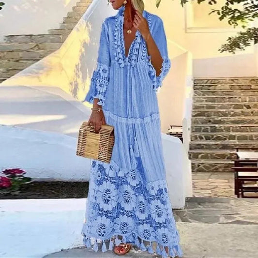 Eloura-Moda | Women's Long Boho Dress with Lace & Tassels | Summer Elegance for Effortless Style