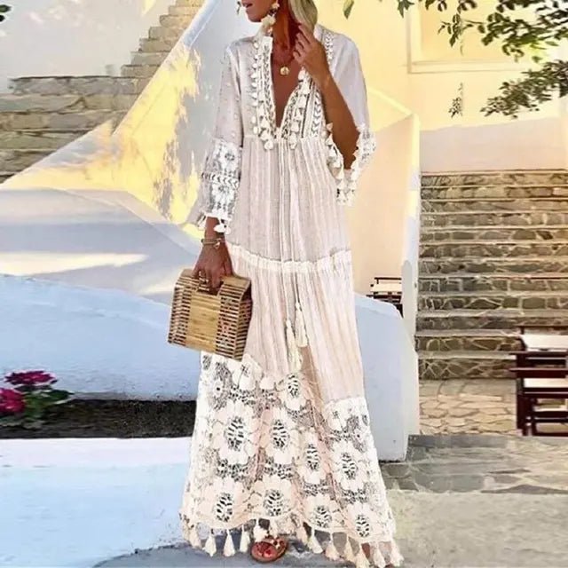 Eloura-Moda | Women's Long Boho Dress with Lace & Tassels | Summer Elegance for Effortless Style