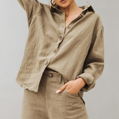 Essential Linen Look | Women's Blouse with Long Cuffed Sleeves | Lightweight Summer Top for Effortless Style