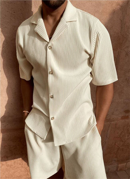 Ethan Collection | Men's Outfit - Ribbed Button-Up Shirt & Shorts Set | Comfortable Summer Look for Effortless Style