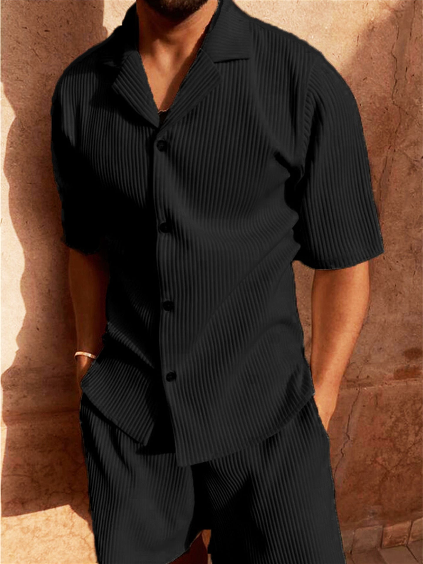 Ethan Collection | Men's Outfit - Ribbed Button-Up Shirt & Shorts Set | Comfortable Summer Look for Effortless Style