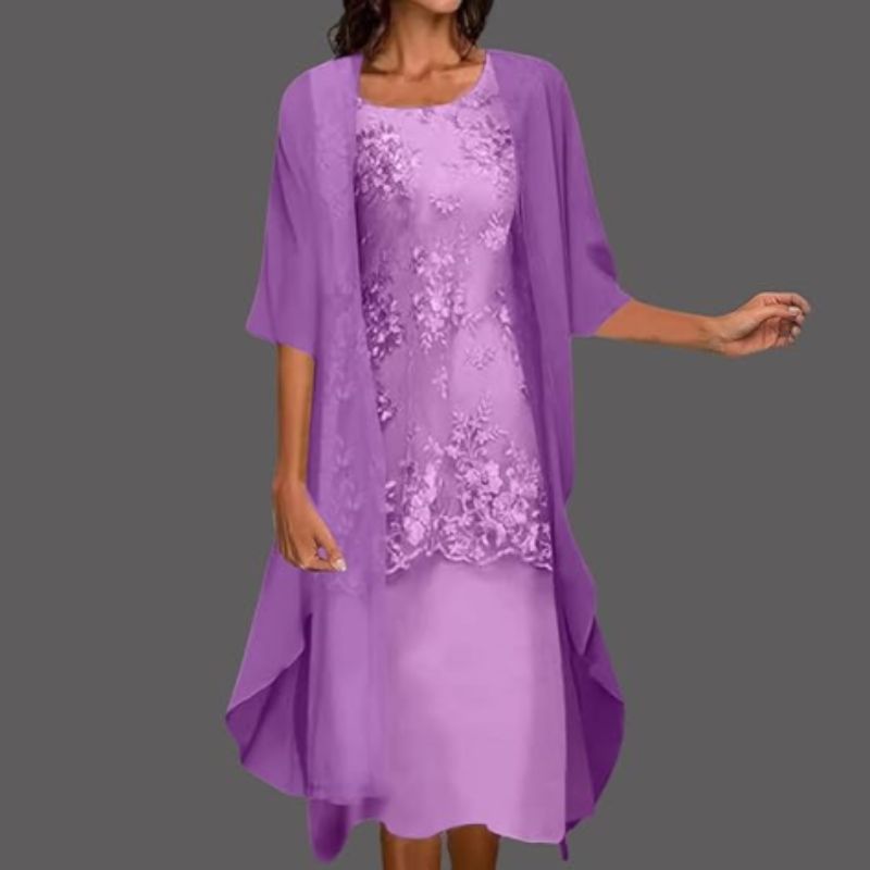 Floral Lace Midi Dress Set with Chiffon Cardigan | Elegant Women's Dress for Special Occasions